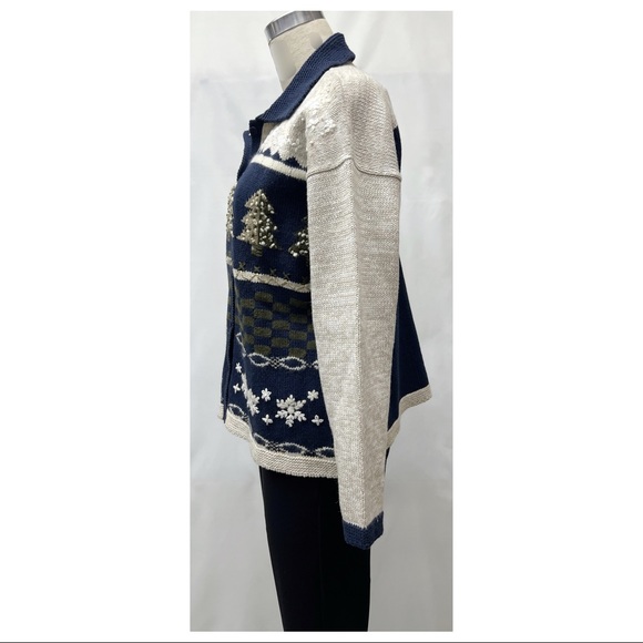 Navy Beige Button Down Embroidered Christmas Scene Sweater Knit Cardigan - Picture 7 of 16